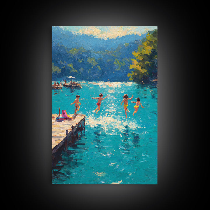 Children Jumping Into A Lake Summer Scene Painting Fine Art Canvas Print Relaxing Wall Art Decor