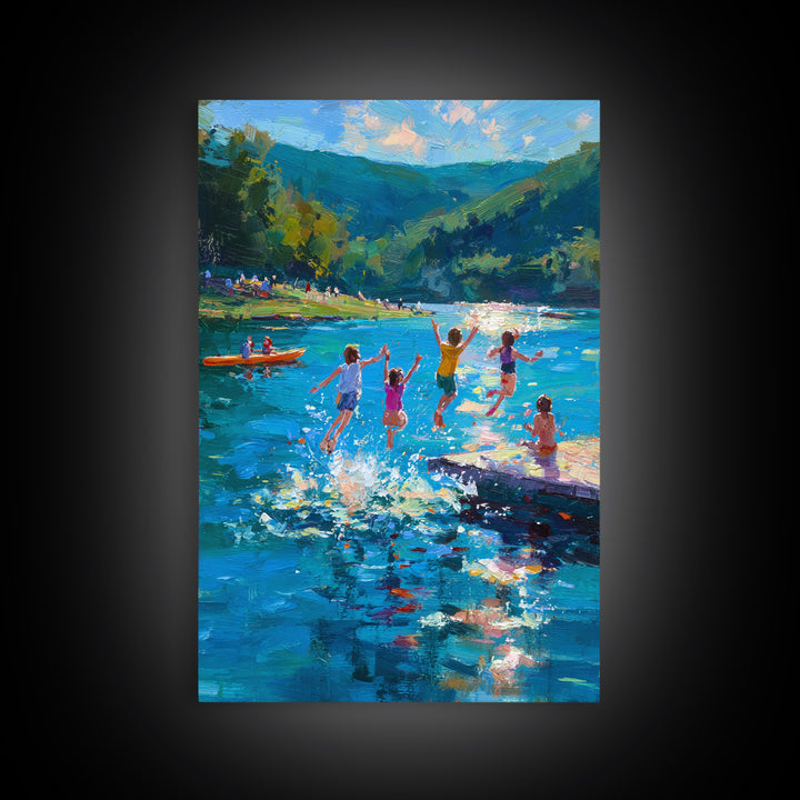 Children Playing At Summer Lake Scene Joyful Landscape Painting Large Wall Art Canvas Print