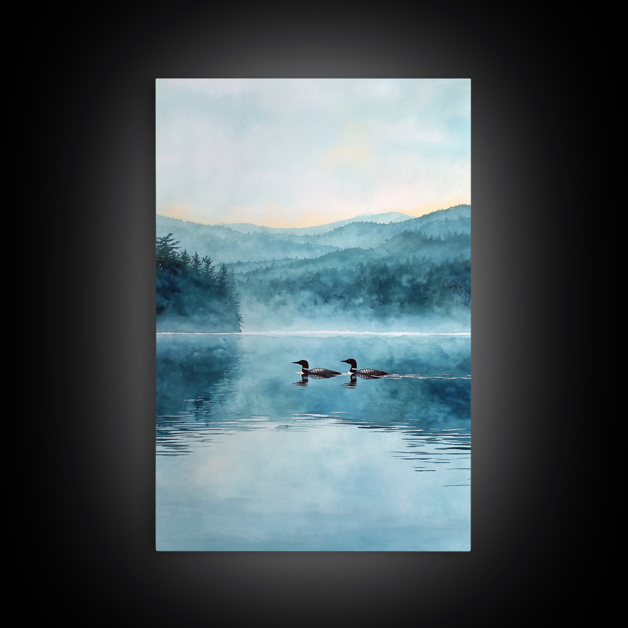 Serene Lake With Two Loons At Dawn Landscape Wall Art Misty Forest Canvas Print For Nature Lovers Home Decor