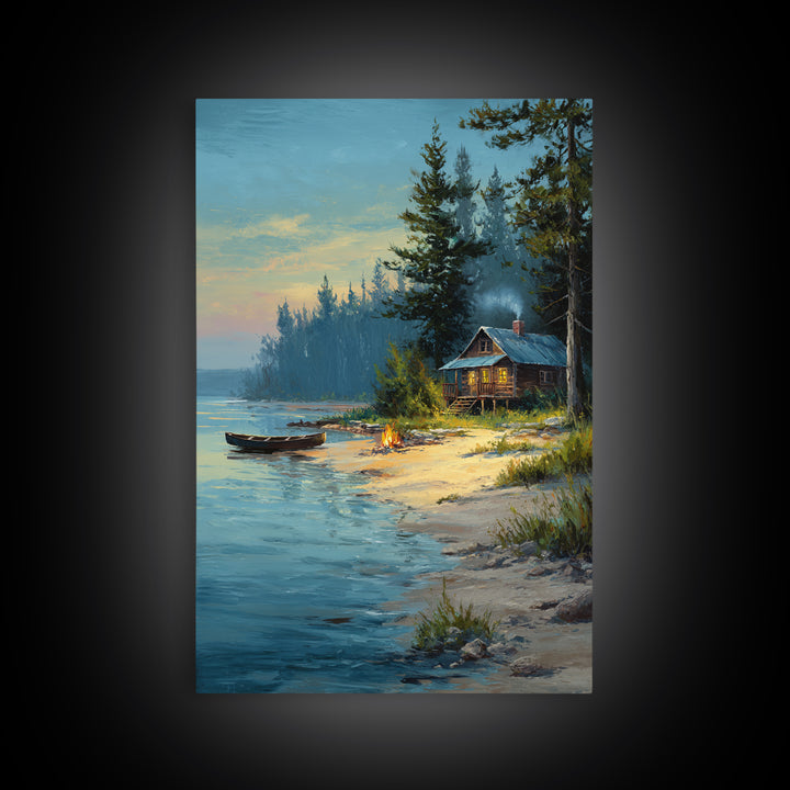 Peaceful Lakeside Cabin Painting At Dusk With Campfire And Canoe Scenic Landscape Art Print For Rustic Home Decor Bedroom Wall Art Framed Canvas Print