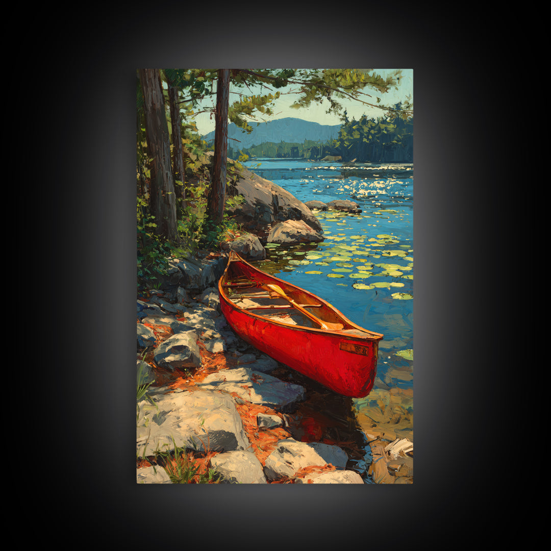 Vibrant Red Canoe On Lush Lakeside Nature Landscape Oil Painting Canvas Print For Cabin Decor And Rustic Wall Art