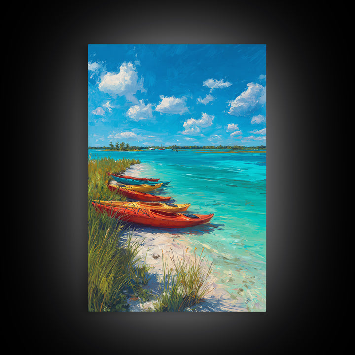 Bright Kayaks By Turquoise Water Under Blue Sky Canvas Print Large Coastal Wall Art For Living Room Decor