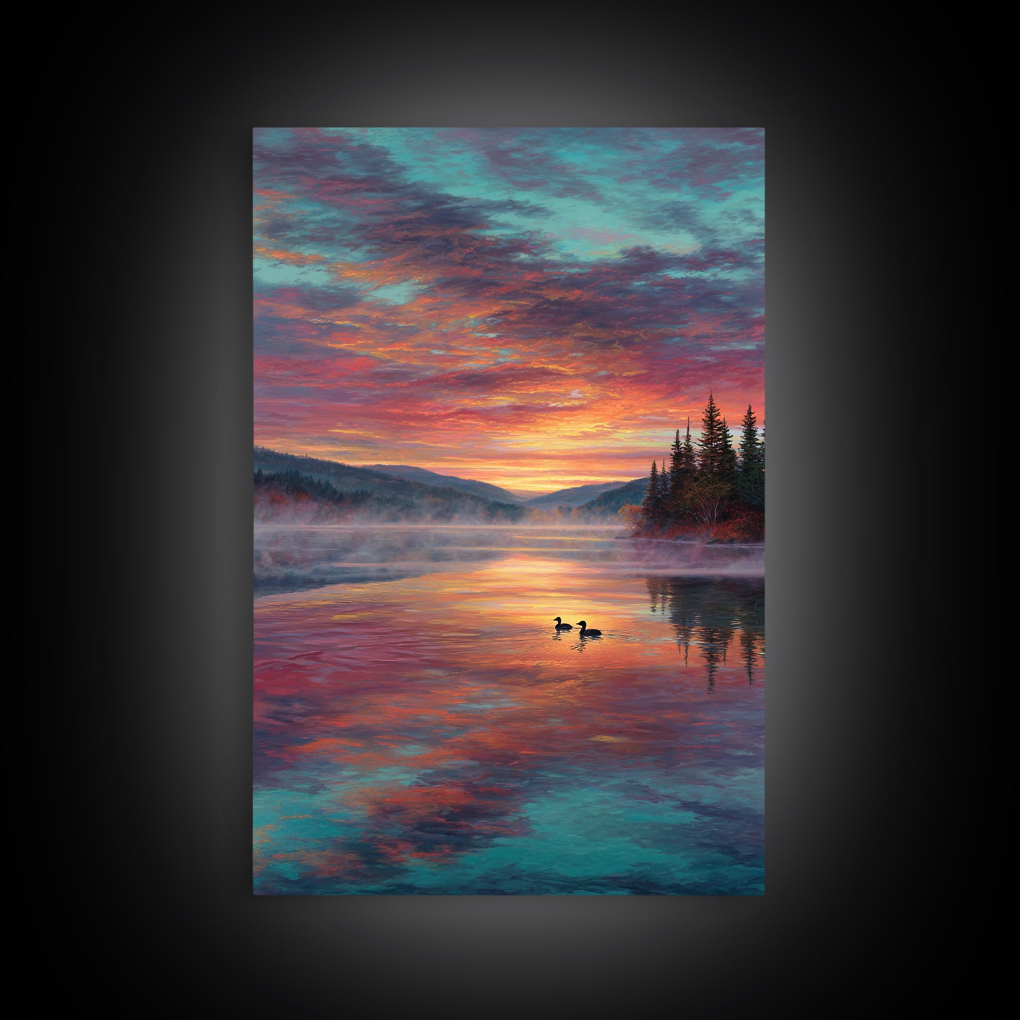 Serene Misty Mountain Sunset Landscape With Ducks On Lake Fine Art Canvas Print For Living Room Wall Decor