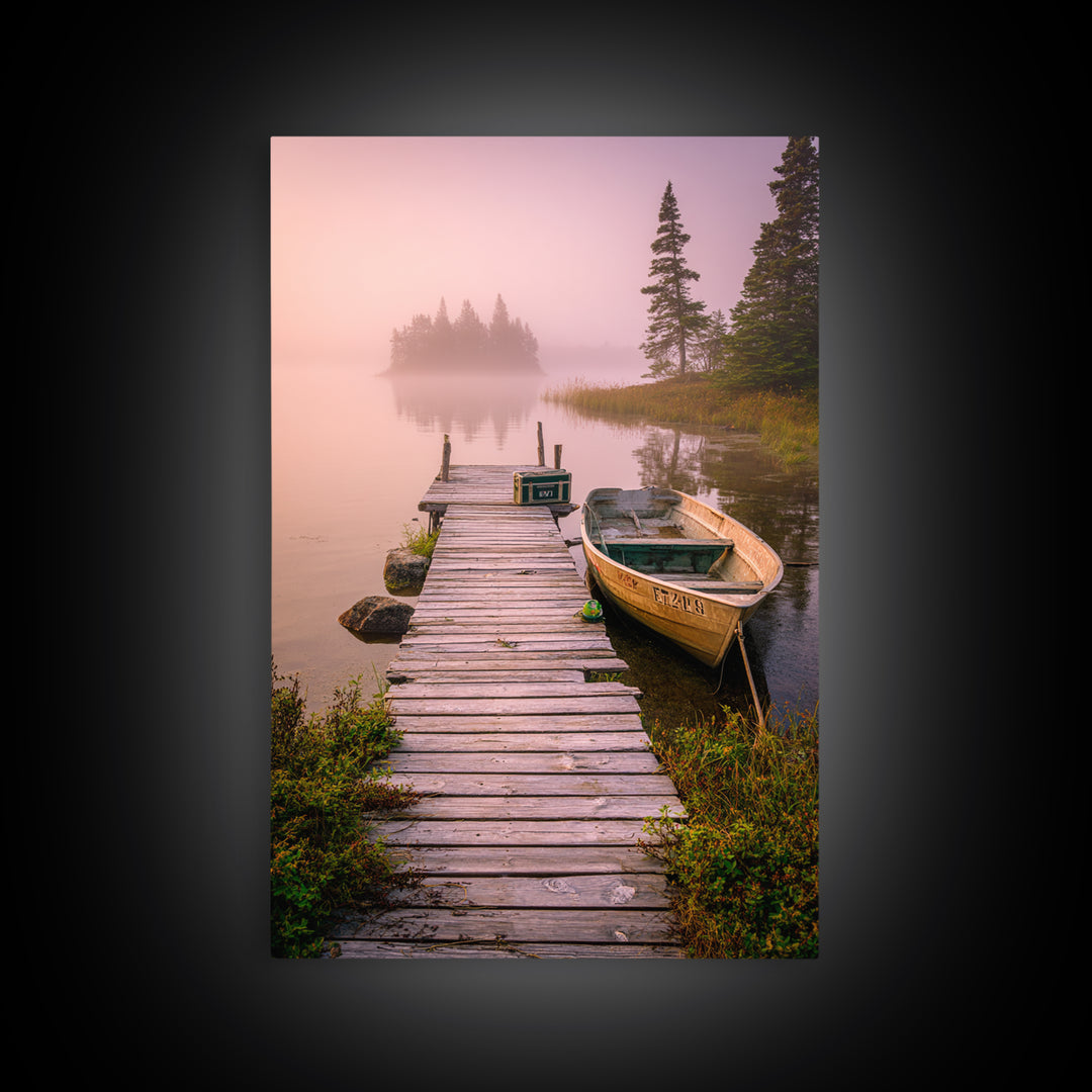 Peaceful Foggy Lake Morning With Wooden Dock Wall Art Canvas Print For Rustic Cabin And Home Decor