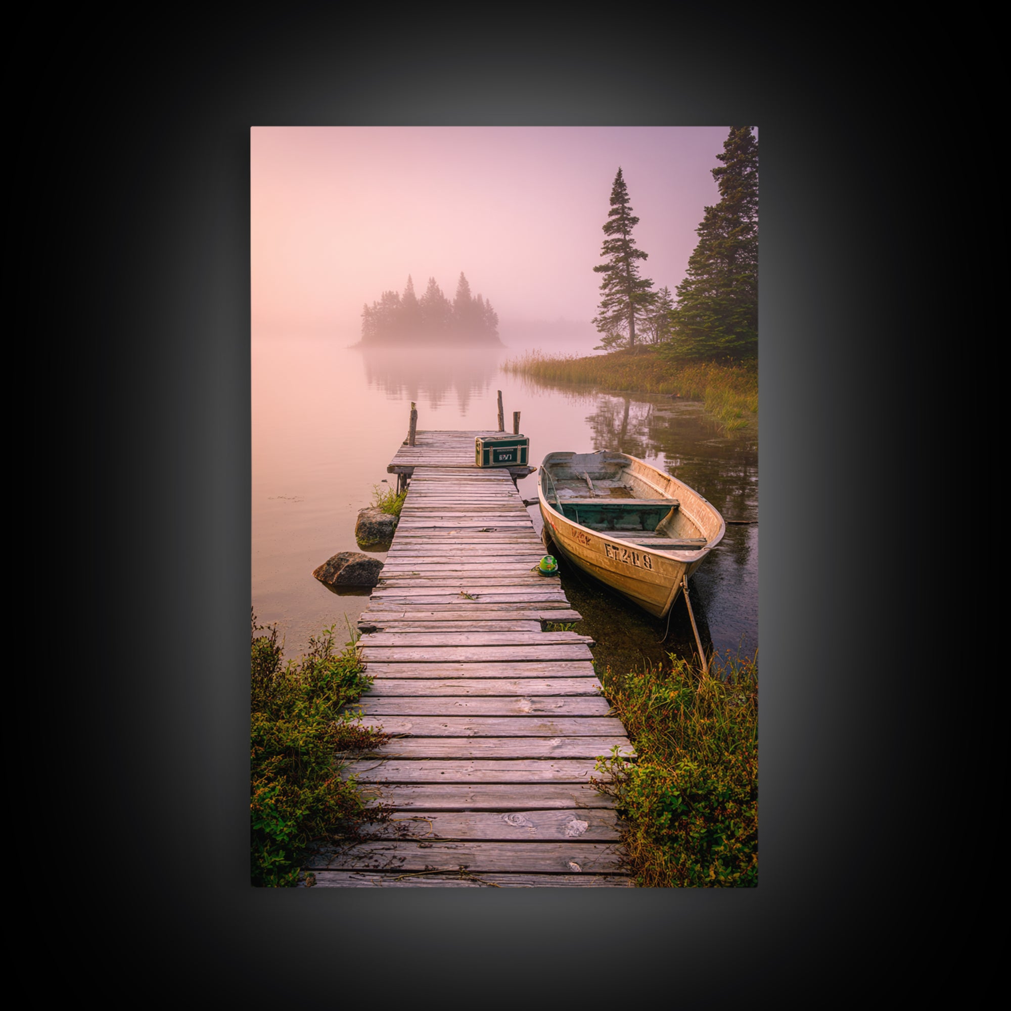 Peaceful Foggy Lake Morning With Wooden Dock Wall Art Canvas Print For Rustic Cabin And Home Decor