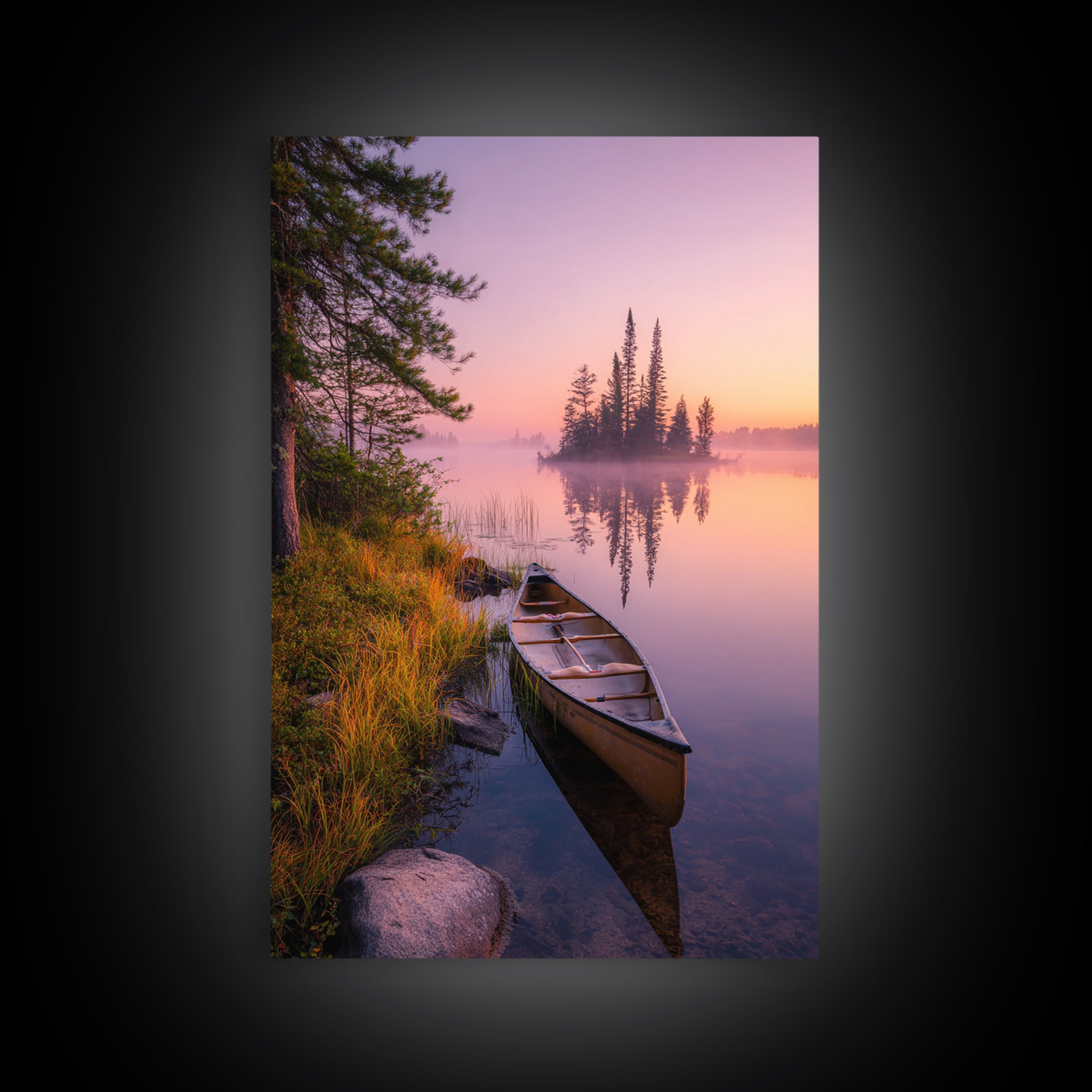 Tranquil Misty Lake With Canoe At Sunrise Scenic Landscape Painting For Calming Bedroom Wall Decor And Peaceful Home Decor Framed Canvas Print Wall Art