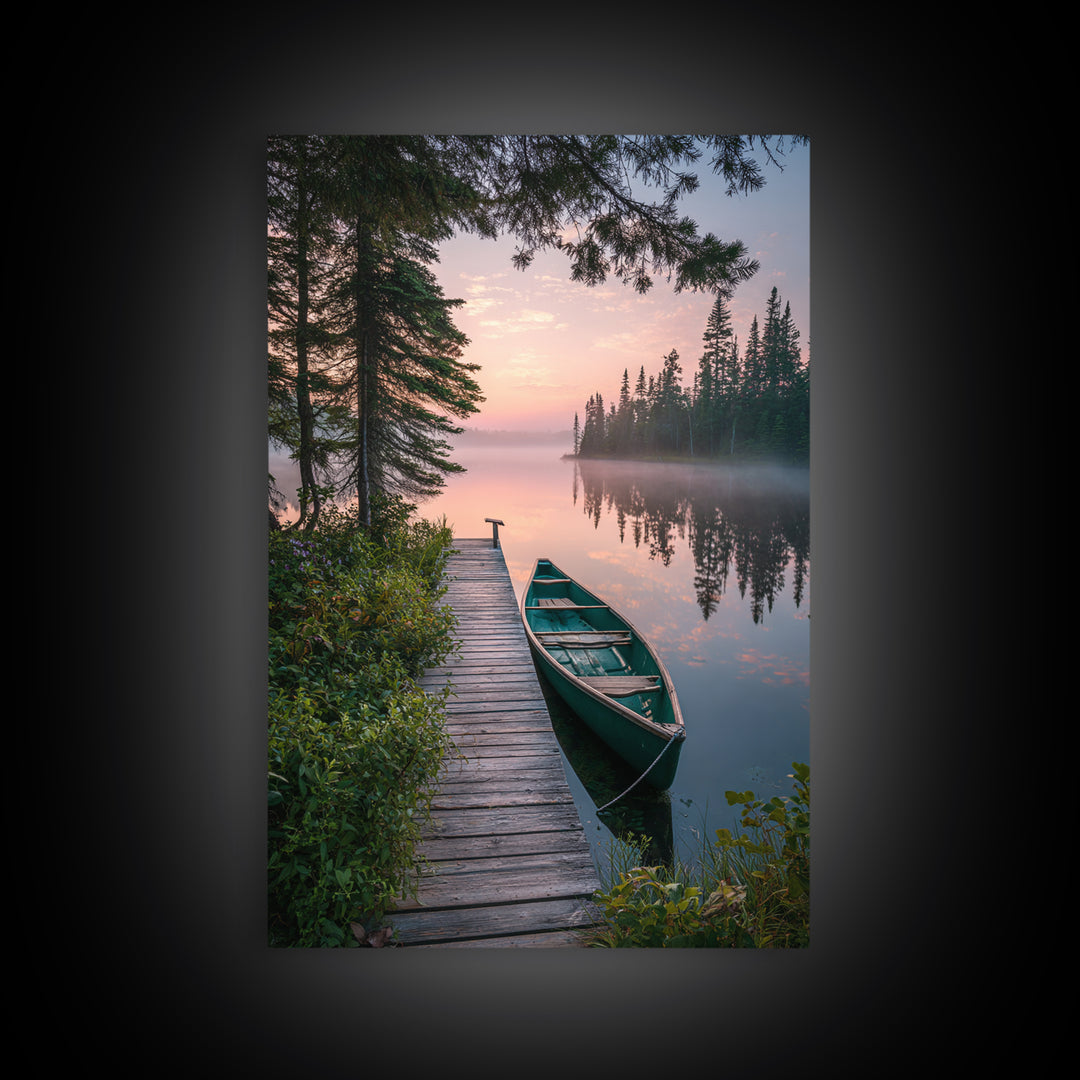 Serene Lake Dock With Canoe Landscape Wall Art Nature Photography Calm Framed Canvas Print
