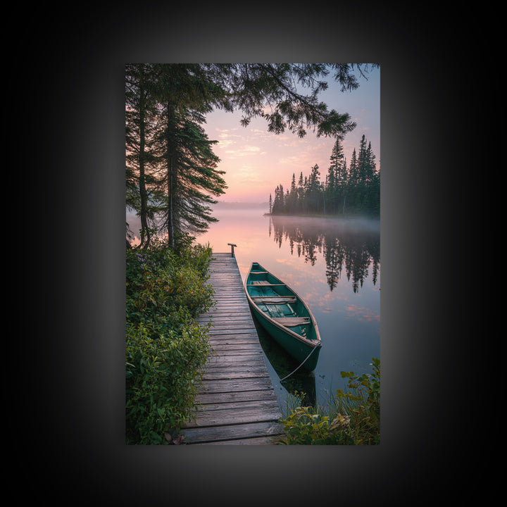 Serene Lake Dock With Canoe Landscape Wall Art Nature Photography Calm Framed Canvas Print