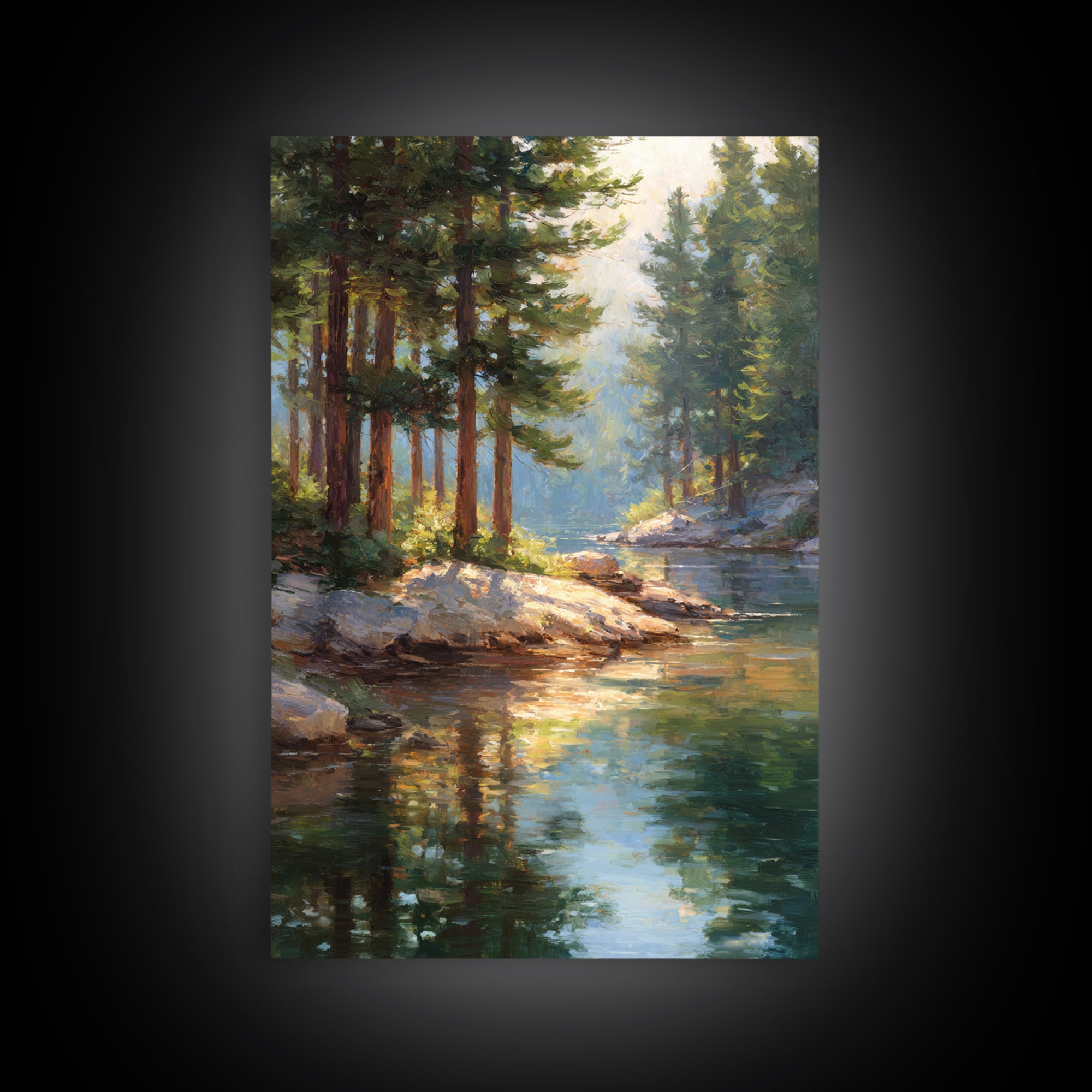 Serene Pine Forest Landscape With River Reflection In Oil Painting Medium Perfect Wall Art Canvas Print