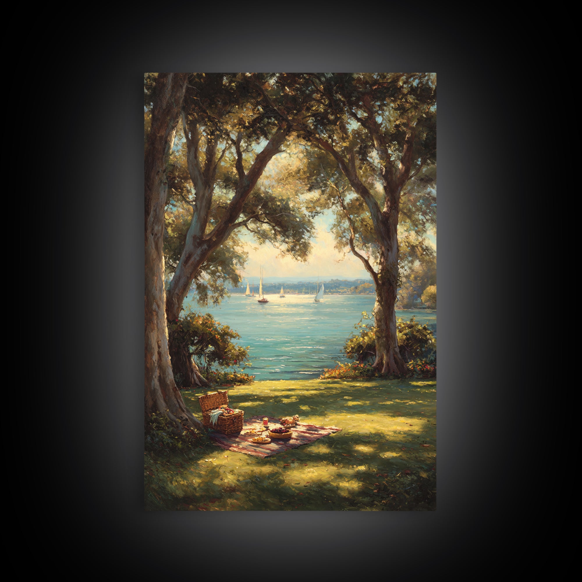 Peaceful Lakeside Picnic Painted Landscape Oil Painting Art Print Framed Canvas Print For Rustic Home Decor And Cabin Wall Art