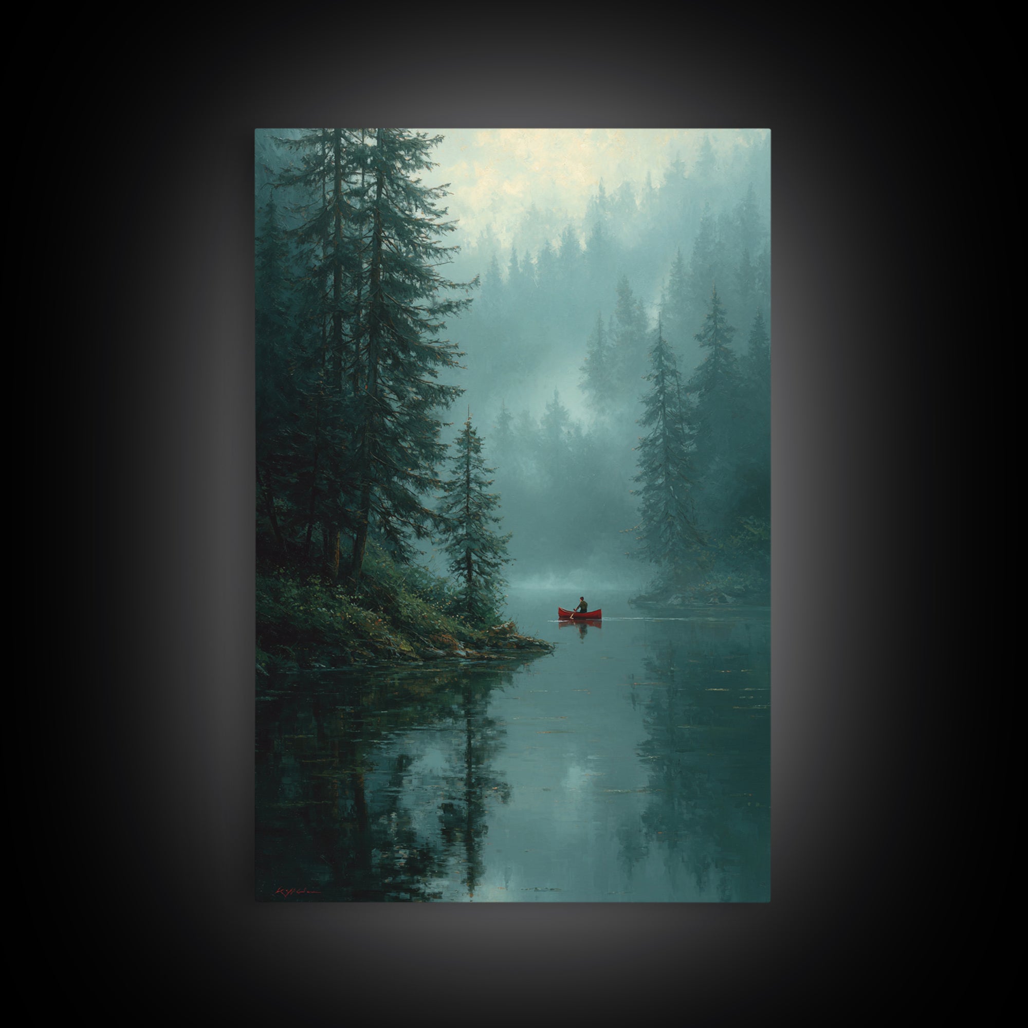 Serene Sunset Over Misty Lake Cabin With Orange Sky Wall Art Framed Canvas Print For Cozy Rustic Home And Bedroom Decor