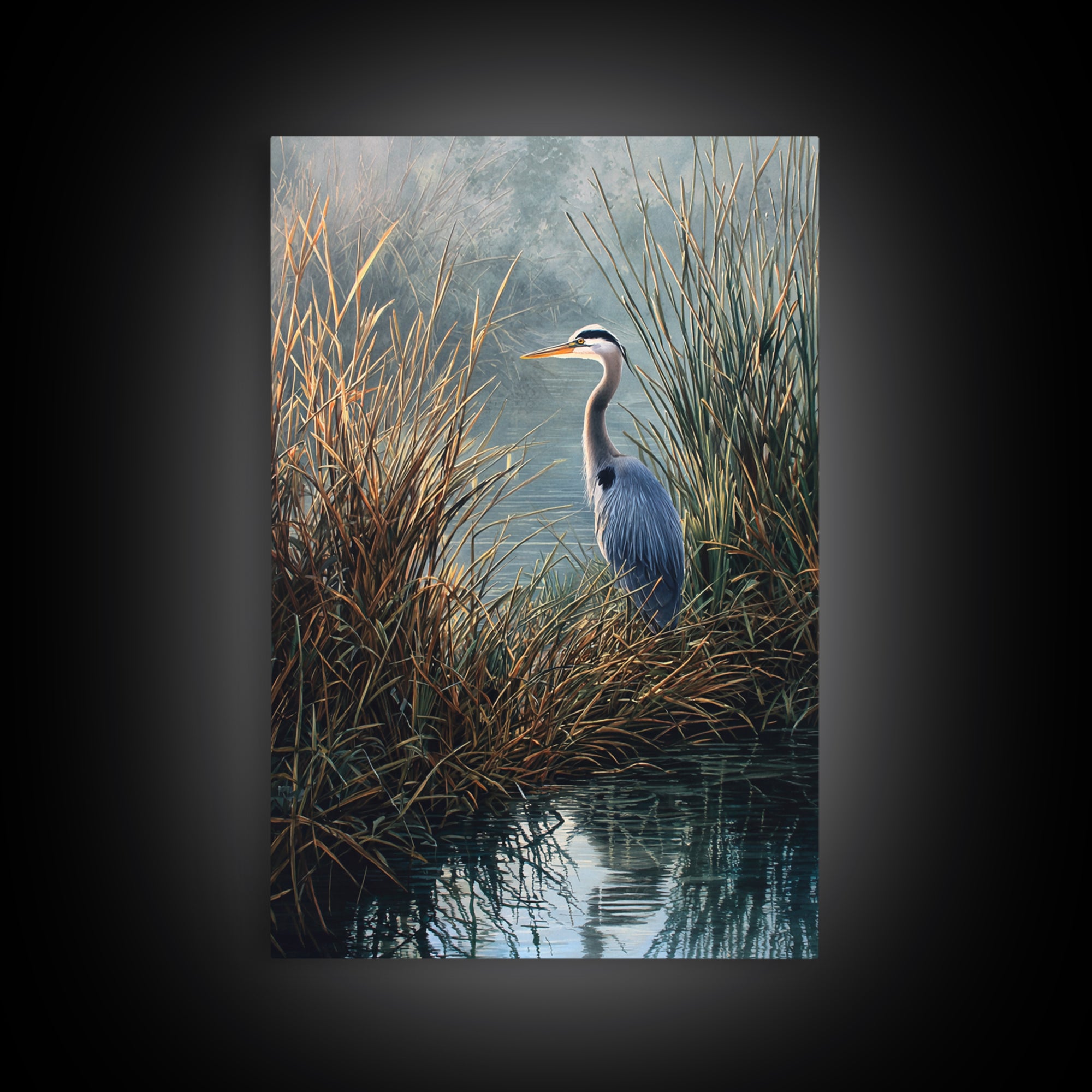 Realistic Blue Heron In Marshland Nature Scene Wall Art Fine Art Print Coastal Wall Decor Framed Canvas Print