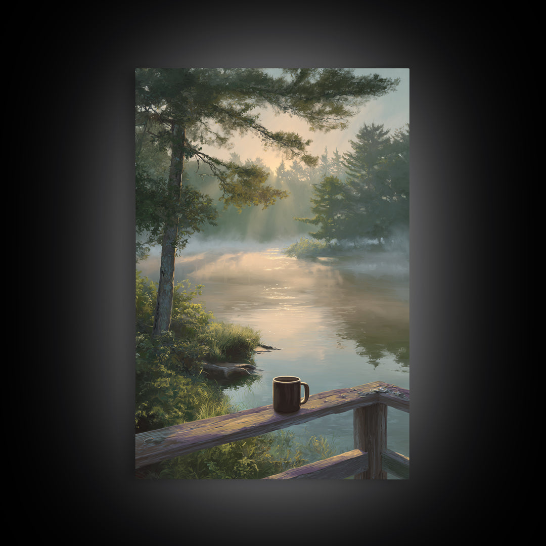 Peaceful Morning River Scene With Coffee Cup Landscape Wall Art Serene Nature Canvas Print For Cozy Home And Bedroom Decor