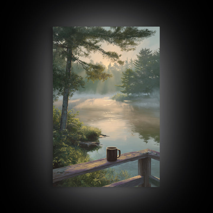 Peaceful Morning River Scene With Coffee Cup Landscape Wall Art Serene Nature Canvas Print For Cozy Home And Bedroom Decor
