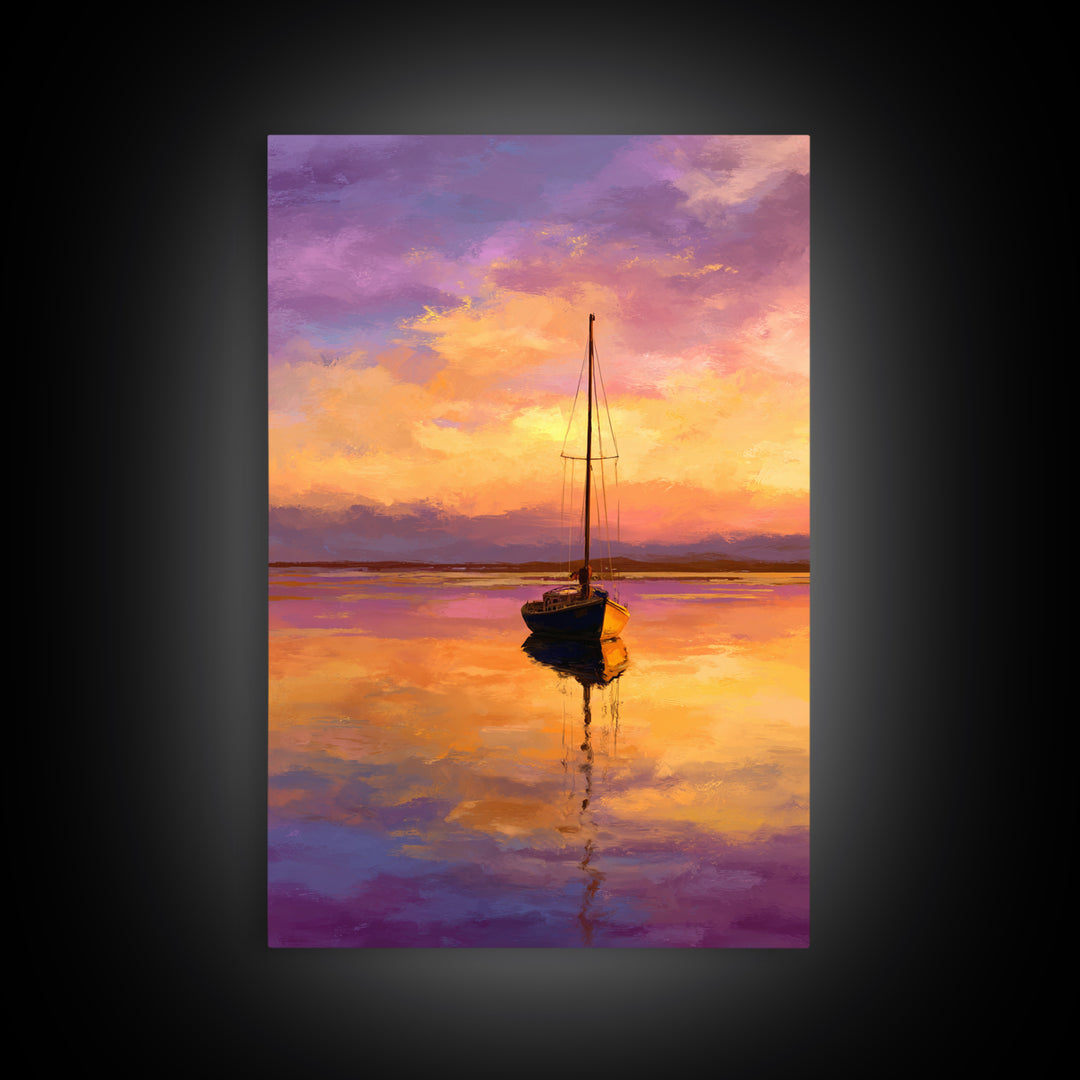 Colorful Sailboat At Sunset Over Calm Water Ocean Scene Painting | Tranquil Wall Art Modern Home Decor Framed Canvas Print