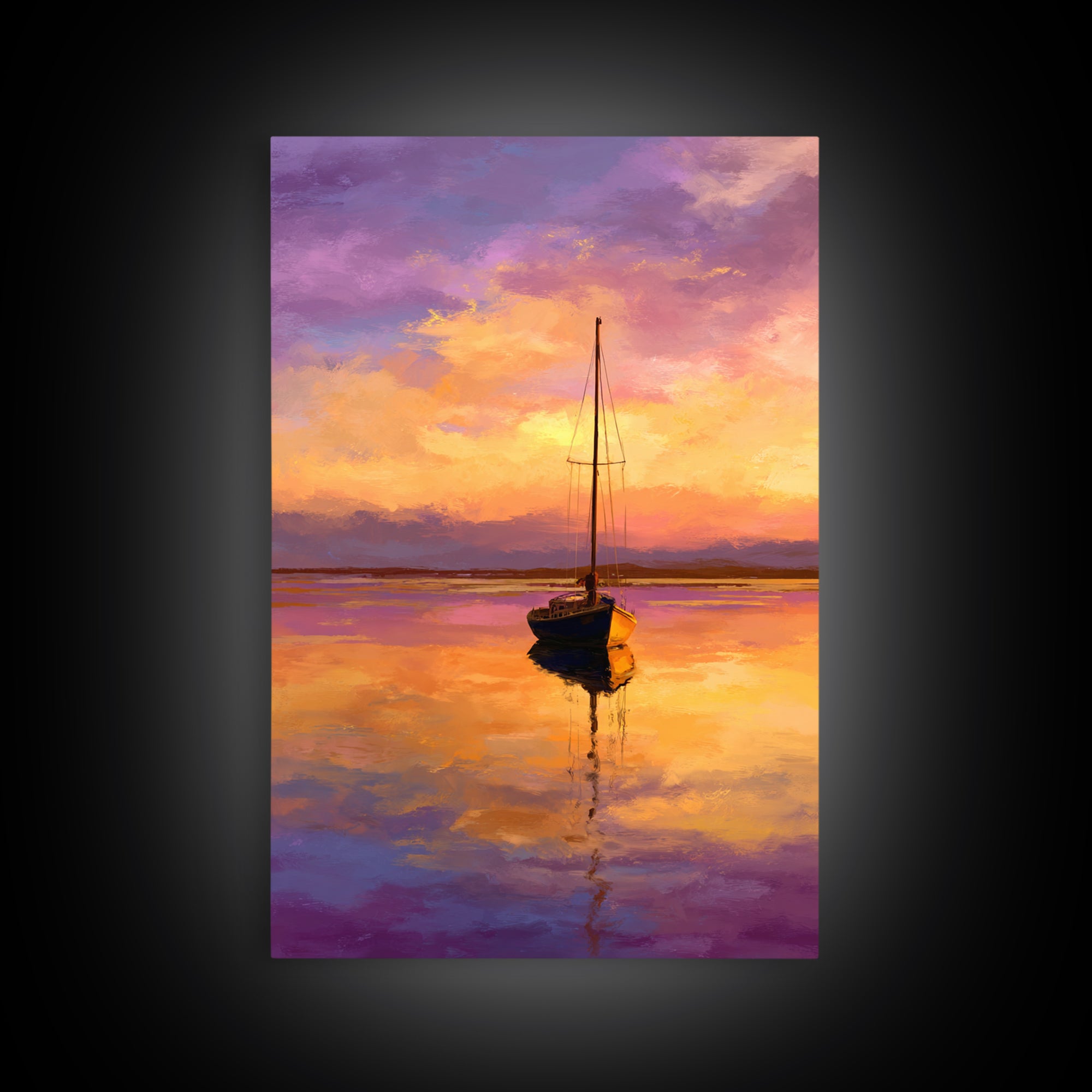 Colorful Sailboat At Sunset Over Calm Water Ocean Scene Painting | Tranquil Wall Art Modern Home Decor Framed Canvas Print