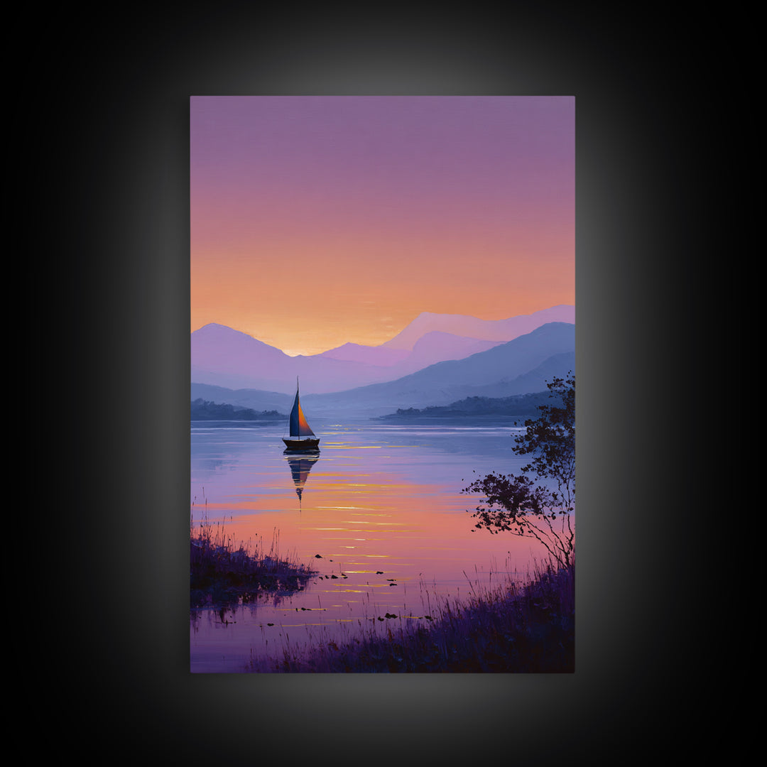 Tranquil Sailboat On Lake At Sunset With Purple Mountains Oil Painting Canvas Print Wall Art For Bedroom Decor And Nautical Lovers