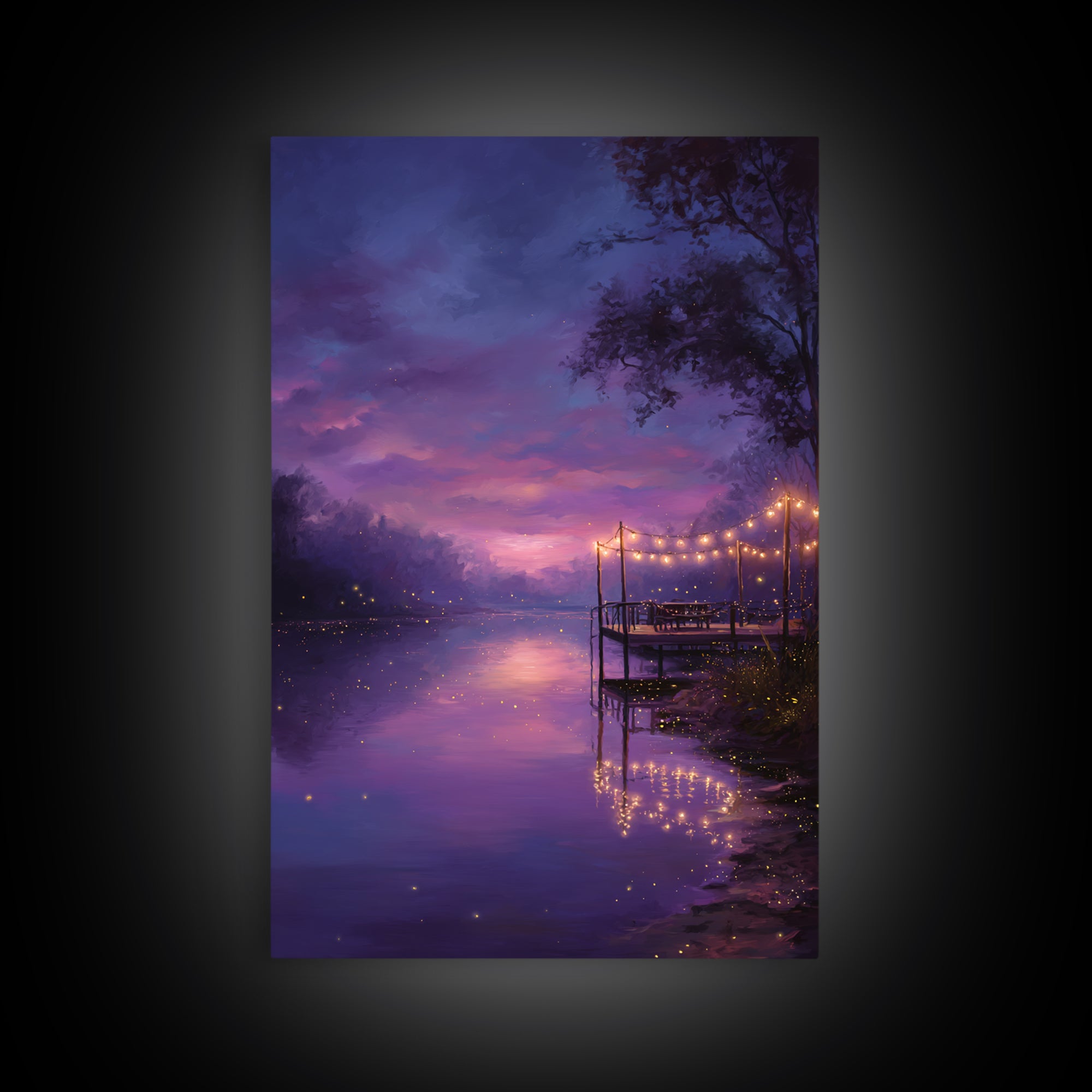 Enchanting Twilight River Scene With Glowing Fireflies And String Lights Romantic Canvas Print For Home Decor