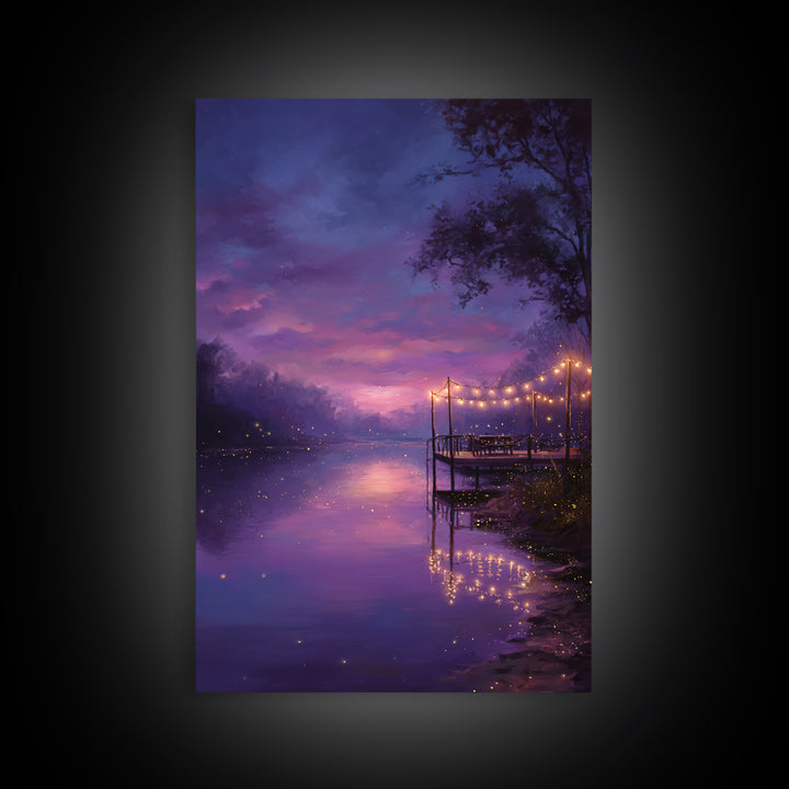 Enchanting Twilight River Scene With Glowing Fireflies And String Lights Romantic Canvas Print For Home Decor