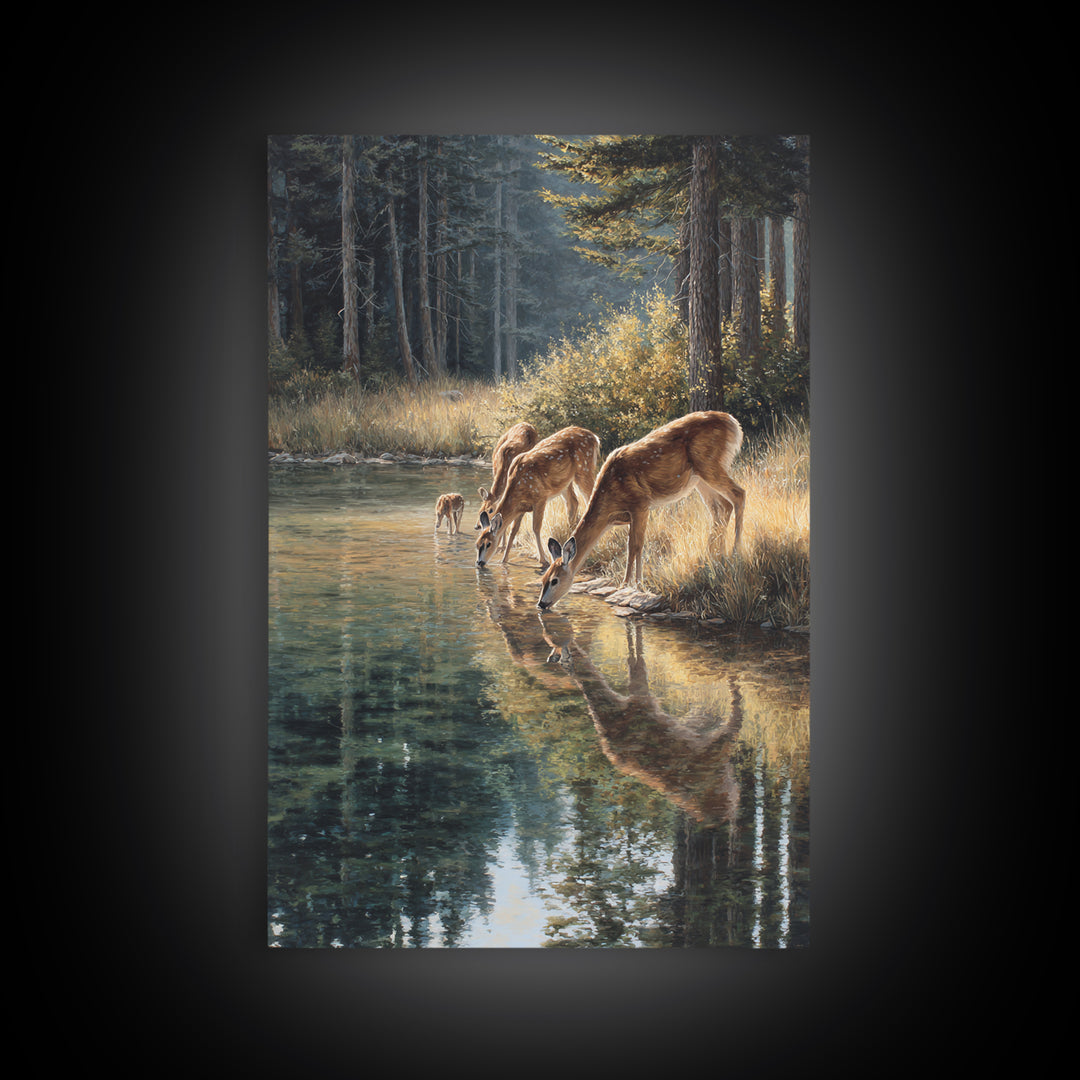 Peaceful Deer Family Drinking At Riverbank Nature Scene Oil Painting Canvas Print Wall Art For Rustic And Wildlife Decor