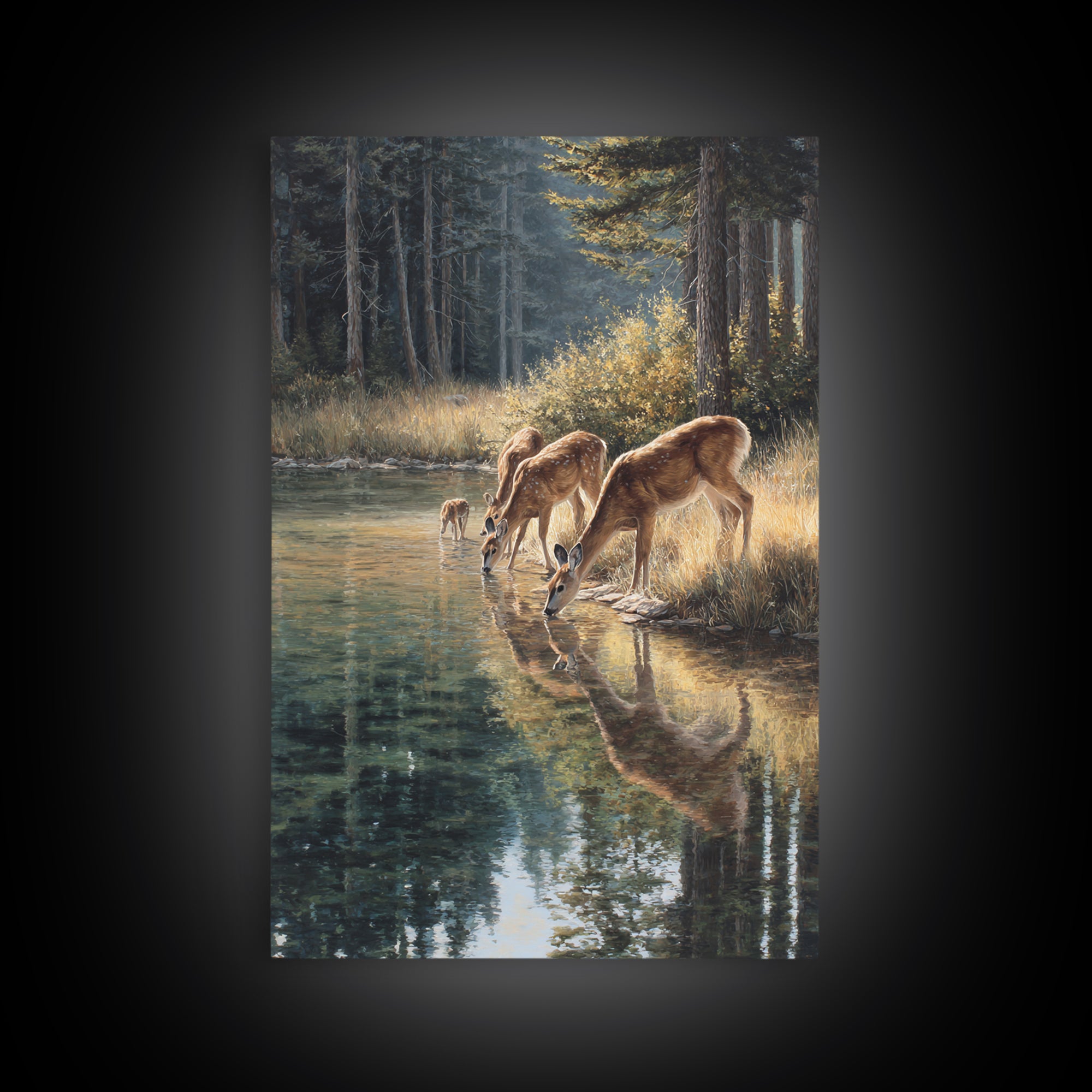 Peaceful Deer Family Drinking At Riverbank Nature Scene Oil Painting Canvas Print Wall Art For Rustic And Wildlife Decor