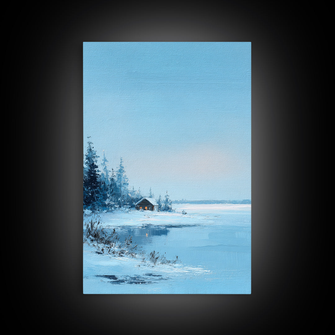 Winter Landscape With Snowy Trees And Cabin Cozy Calm Scene Canvas Print Wall Art For Bedroom Living Room And Rustic Home Decor