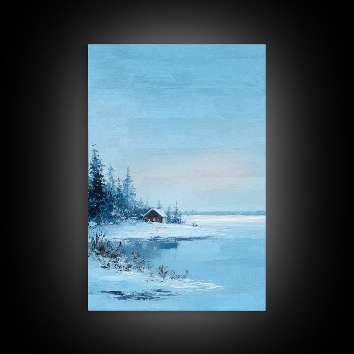Winter Landscape With Snowy Trees And Cabin Cozy Calm Scene Canvas Print Wall Art For Bedroom Living Room And Rustic Home Decor