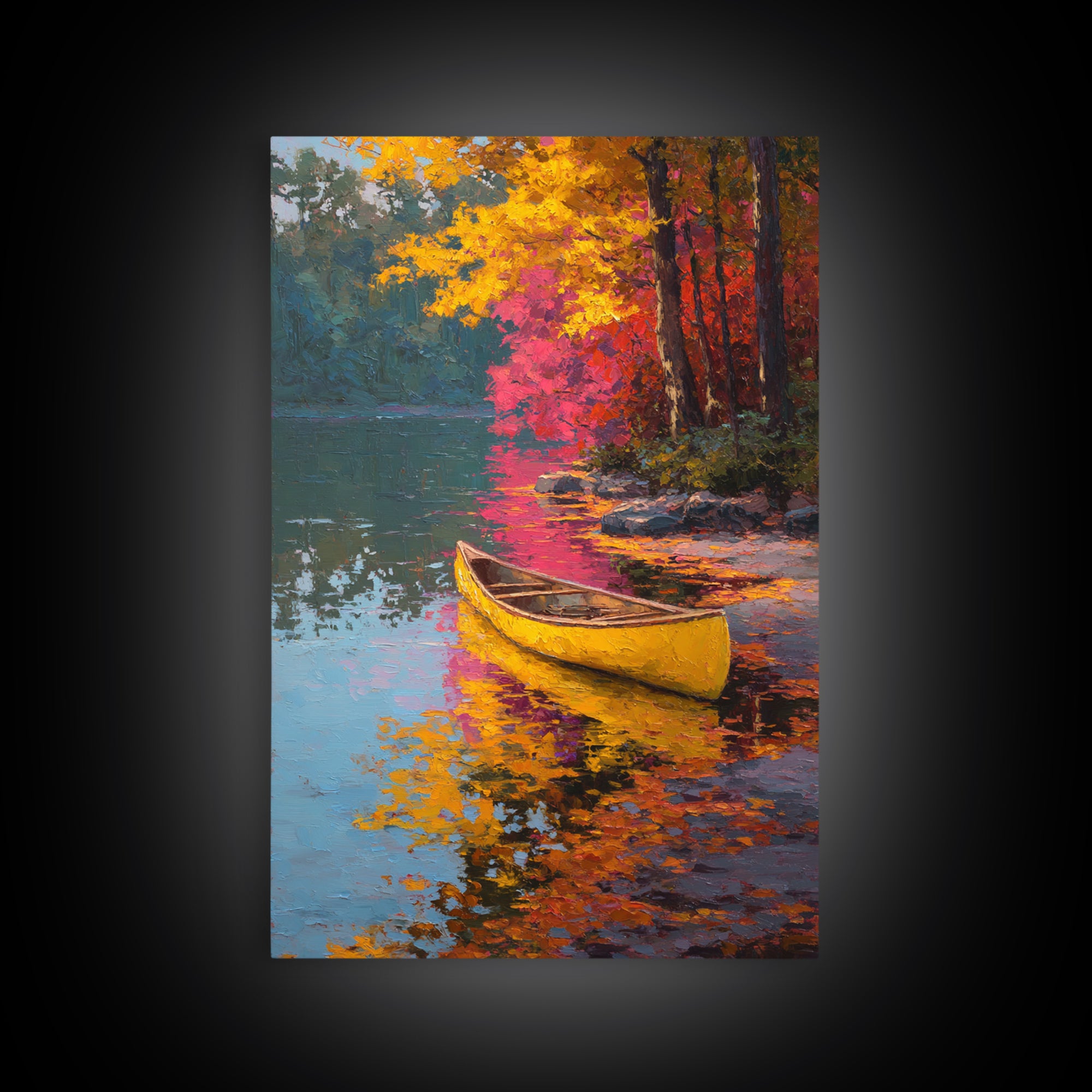 Serene Yellow Canoe On Reflective Autumn Lake Landscape Painting Framed Canvas Print for Peaceful Wall Art And Living Room Decor