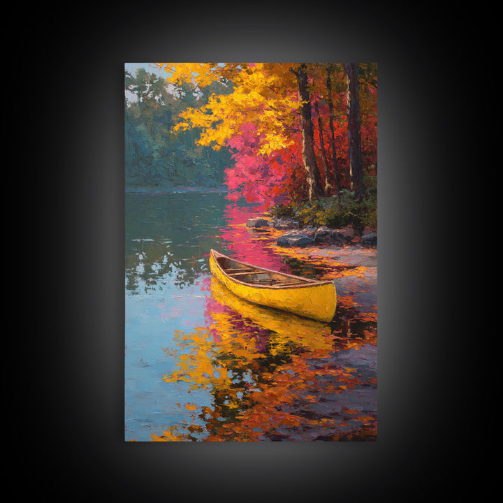 Serene Yellow Canoe On Reflective Autumn Lake Landscape Painting Framed Canvas Print for Peaceful Wall Art And Living Room Decor