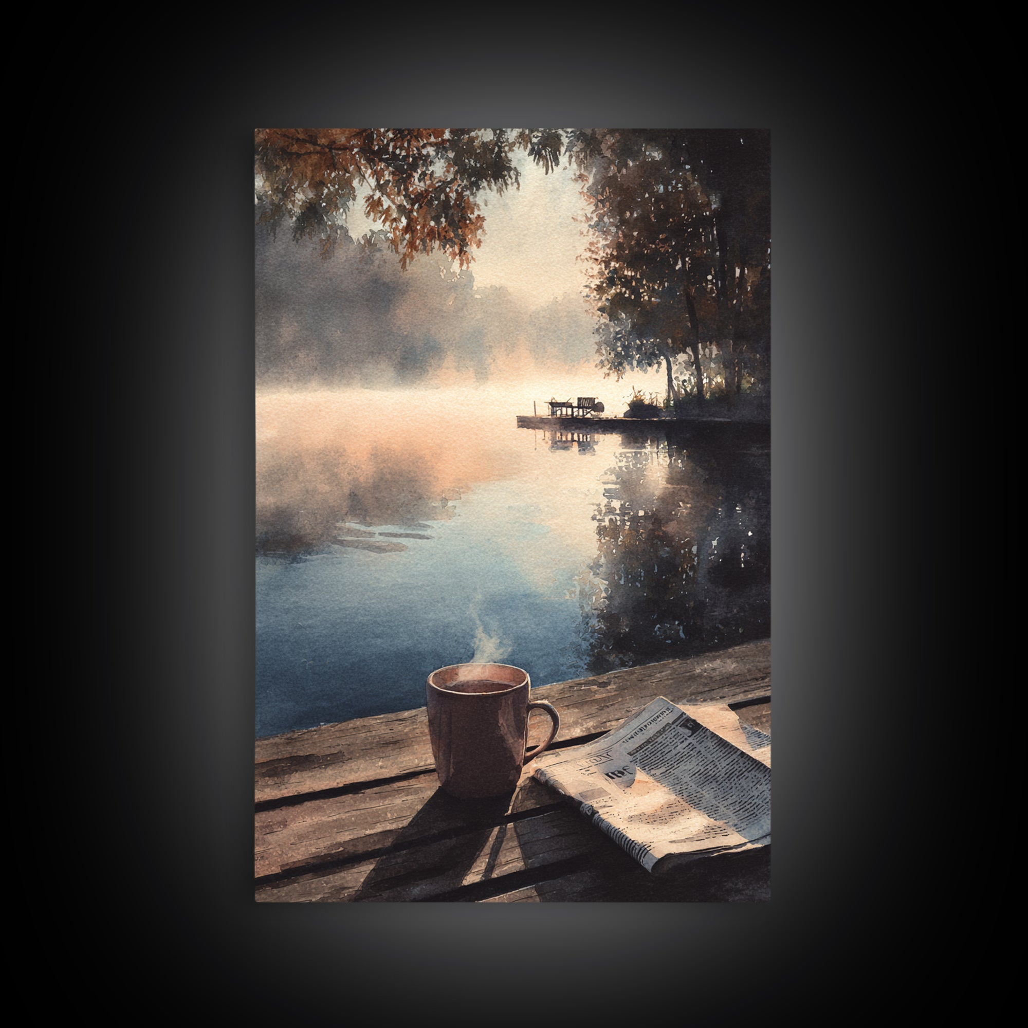 Cozy Lakeside Morning With Steam Rising Over Coffee Mug Watercolor Painting Wall Art Print For Bedroom Or Reading Nook