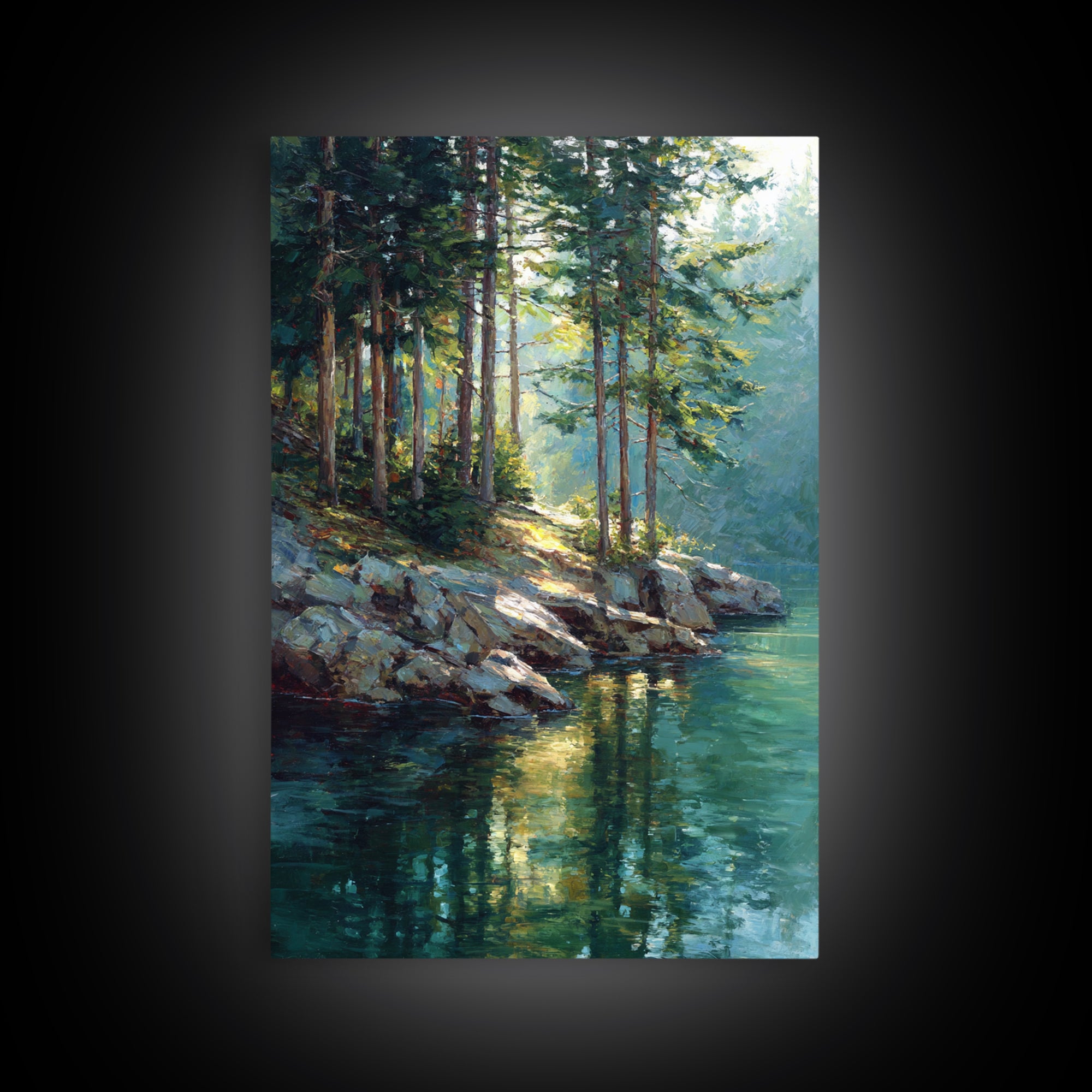 Sunlit Pine Forest Lake Painting Wall Art, Nature Landscape Art Print, Cabin Decor, Rustic Living Room Wall Decor Gift For Her