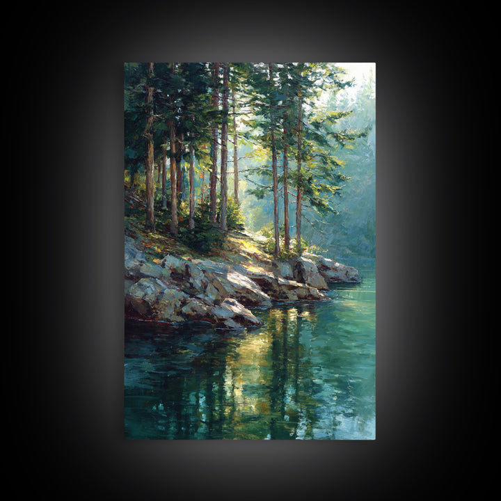 Sunlit Pine Forest Lake Painting Wall Art, Nature Landscape Art Print, Cabin Decor, Rustic Living Room Wall Decor Gift For Her