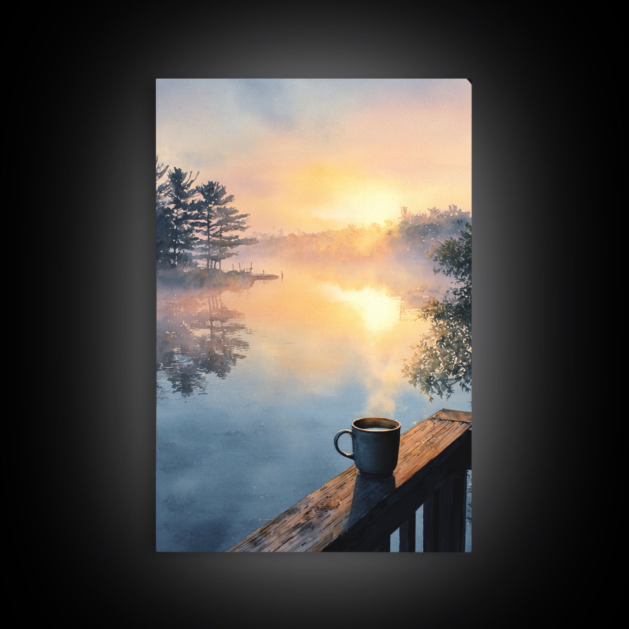 Calm Sunlit Lake At Dawn Watercolor Painting Canvas Print, Peaceful Landscape Wall Art, Soothing Home Decor Art