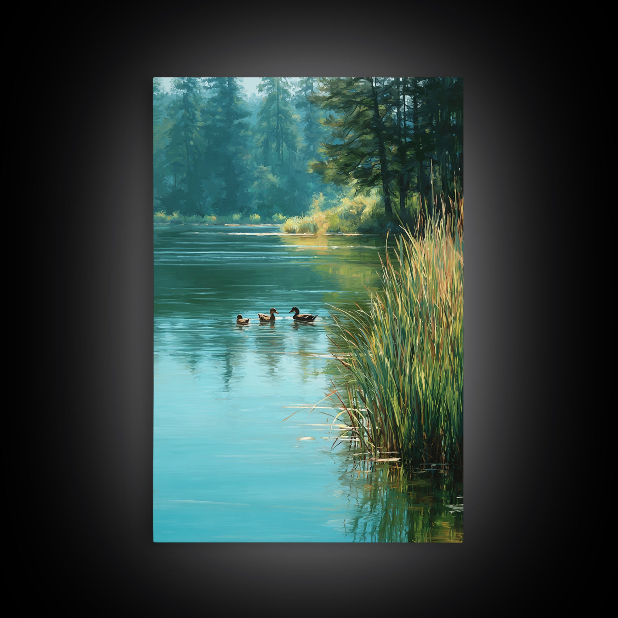 Tranquil Ducks On A Calm Lake Nature Scene Oil Painting Canvas Print For Rustic Living Room Wall Art And Cabin Home Decor