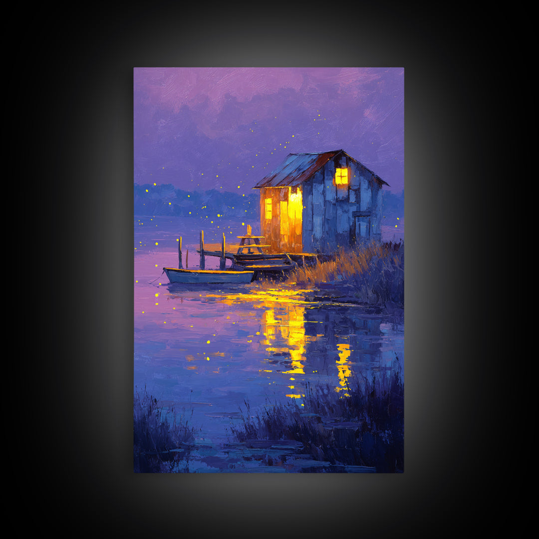 Rustic Night Lakeside Cabin With Boat Oil Painting Wall Art For Cozy Living Room Decor And Tranquil Bedroom Framed Canvas Print