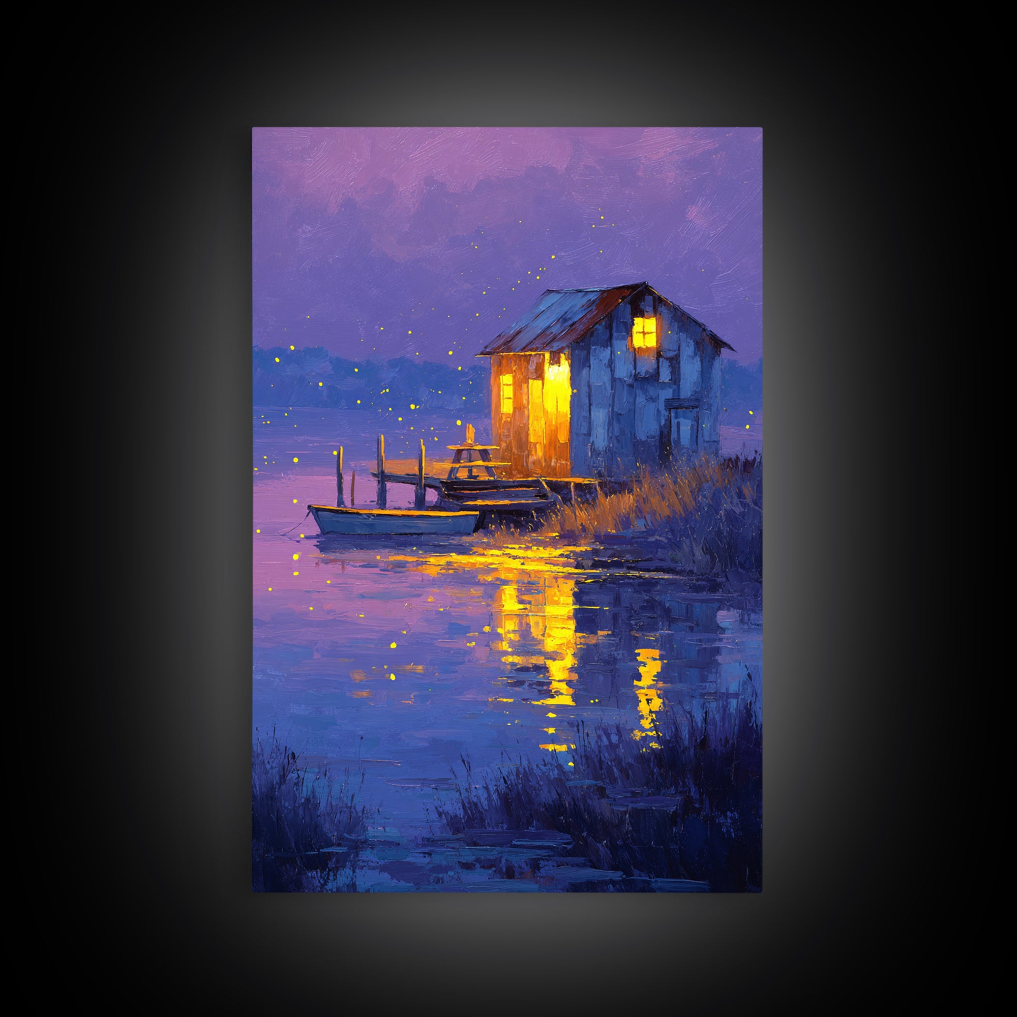 Rustic Night Lakeside Cabin With Boat Oil Painting Wall Art For Cozy Living Room Decor And Tranquil Bedroom Framed Canvas Print