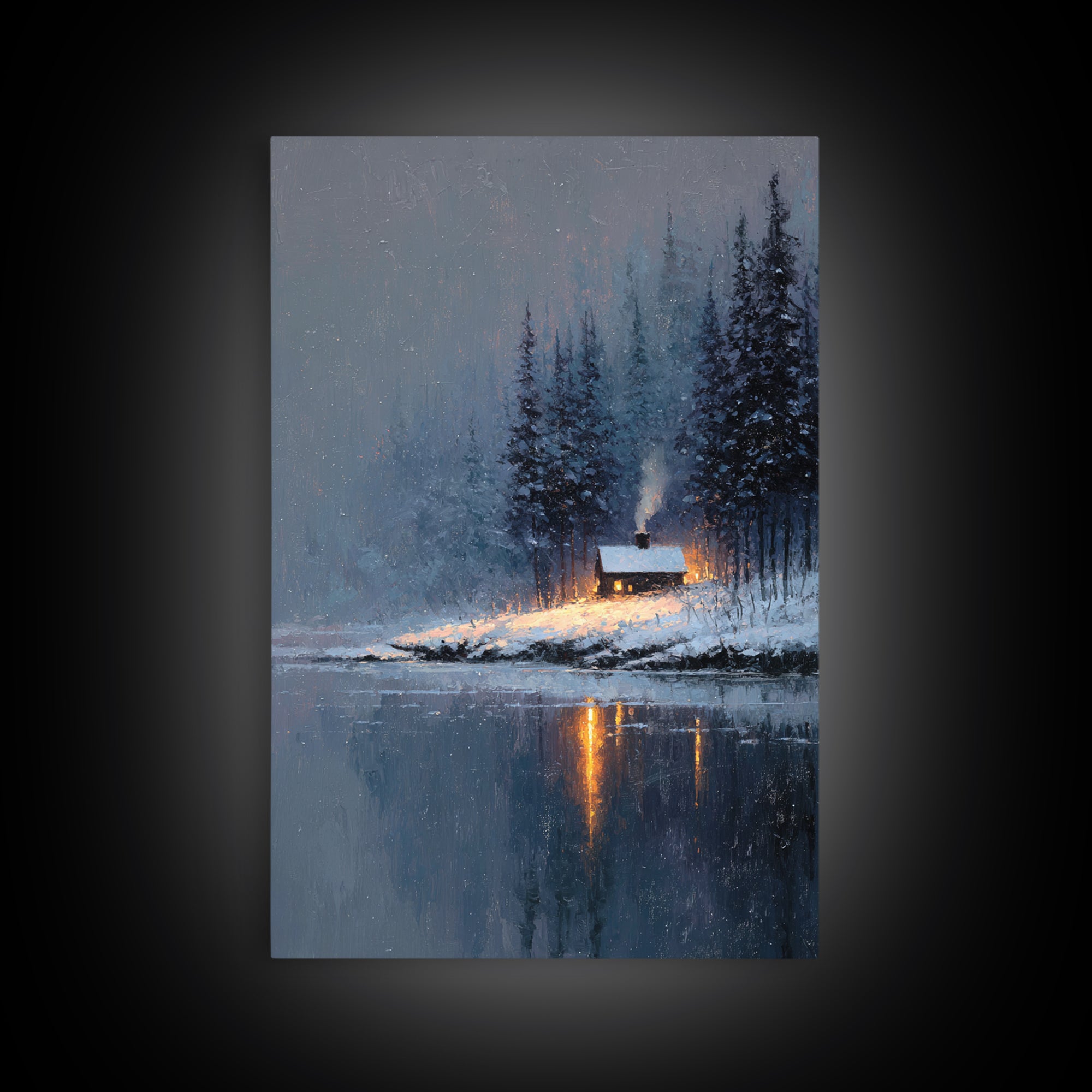 Cozy Winter Cabin Snowy Landscape Lake Reflection Oil Painting Canvas Print Framed Wall Art For Rustic Decor