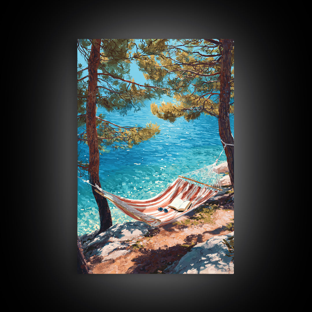 Tranquil Coastal Scene With Hammock Overlooking Sparkling Blue Ocean Landscape Painting Canvas Print Framed Canvas Print Wall Art Decor