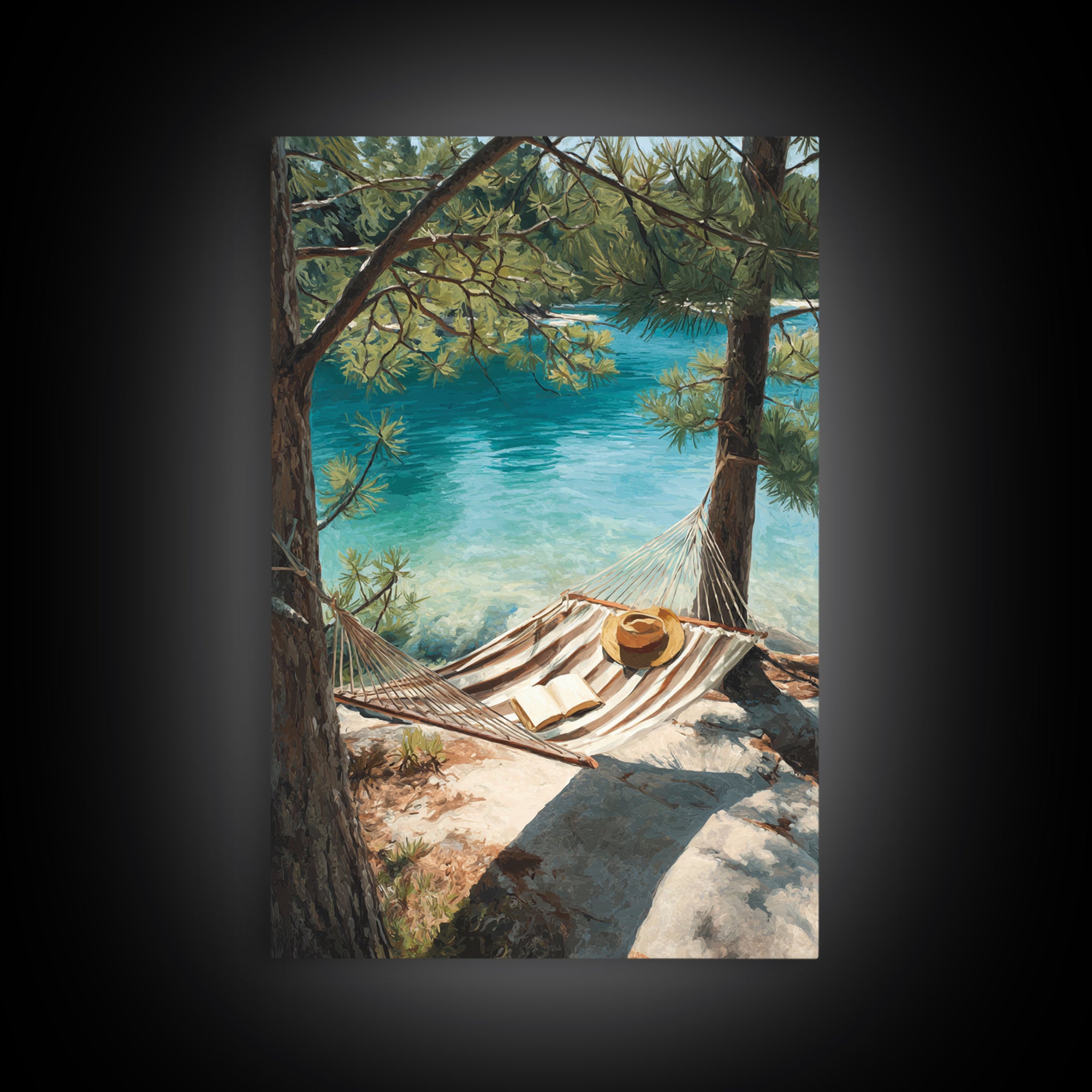 Tranquil Lakeside Hammock Scene Canvas Print, Relaxing Summer Vacation Wall Art, Cozy Home Decor Living Room Art