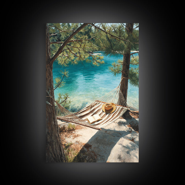 Tranquil Lakeside Hammock Scene Canvas Print, Relaxing Summer Vacation Wall Art, Cozy Home Decor Living Room Art