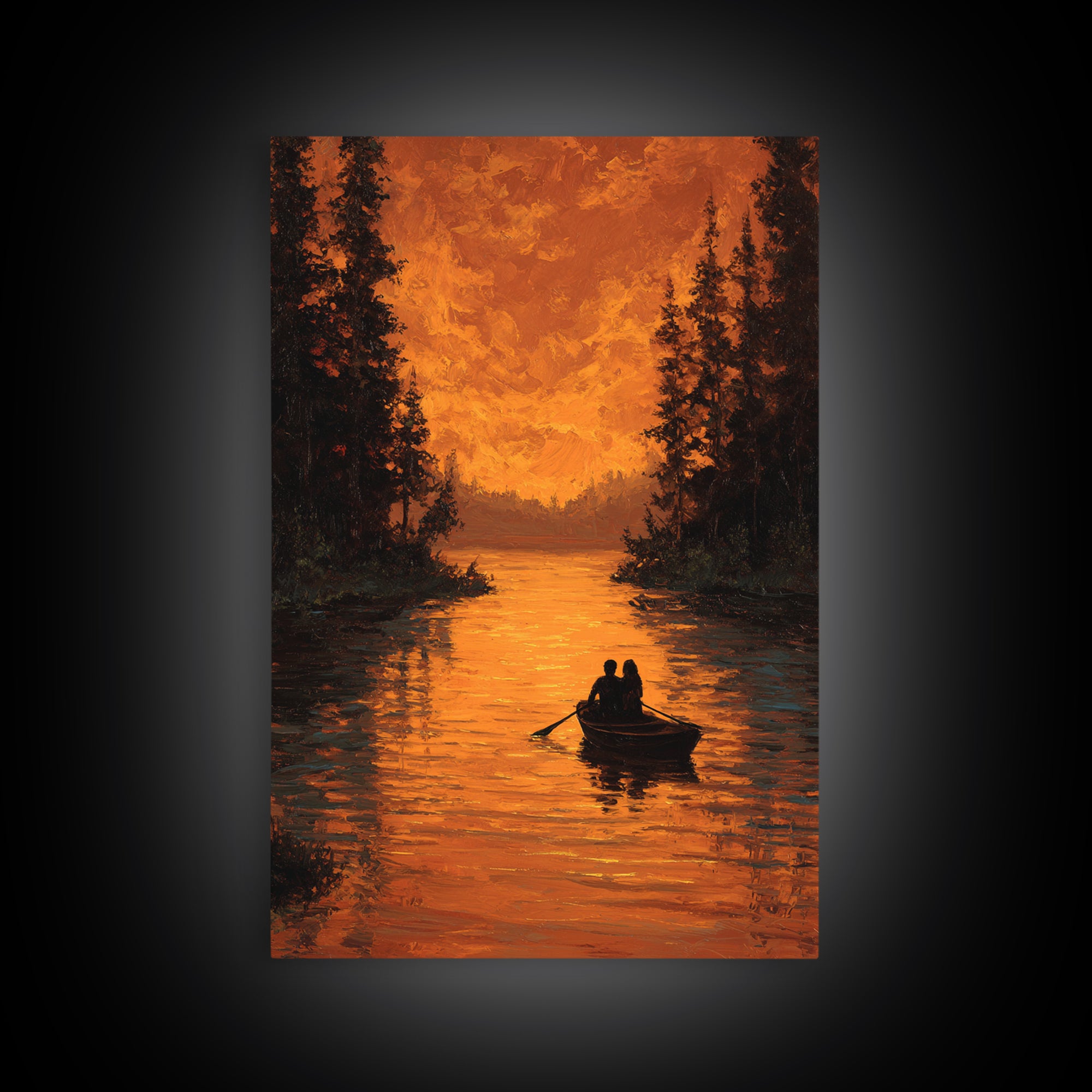 Romantic Autumn Evening Couple Rowing Boat Sunset Landscape Painting Large Wall Art Framed Canvas Print