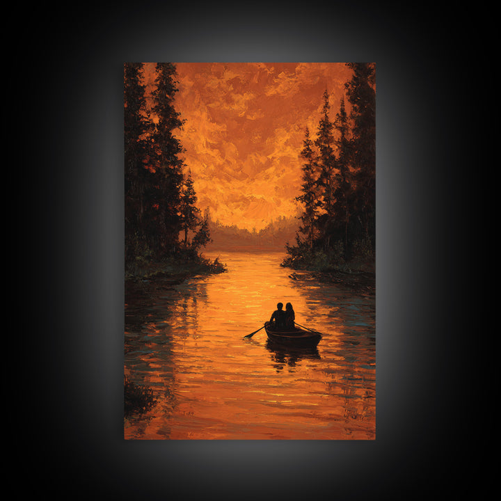 Romantic Autumn Evening Couple Rowing Boat Sunset Landscape Painting Large Wall Art Framed Canvas Print
