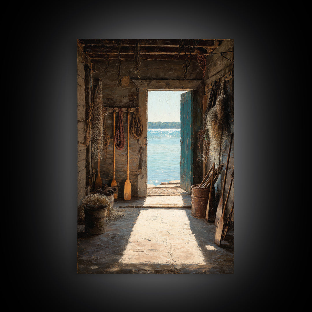 Rustic Seaside Cabin Interior With Ocean View Doorway Wall Art Print For Coastal Home Decor Or Nautical Living Room Canvas Print