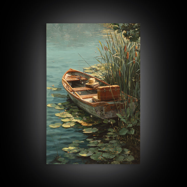 Cozy Contemporary Fishing Boat by Waterfall Original Oil Painting Wall Art Framed Canvas Print for Rustic Decor