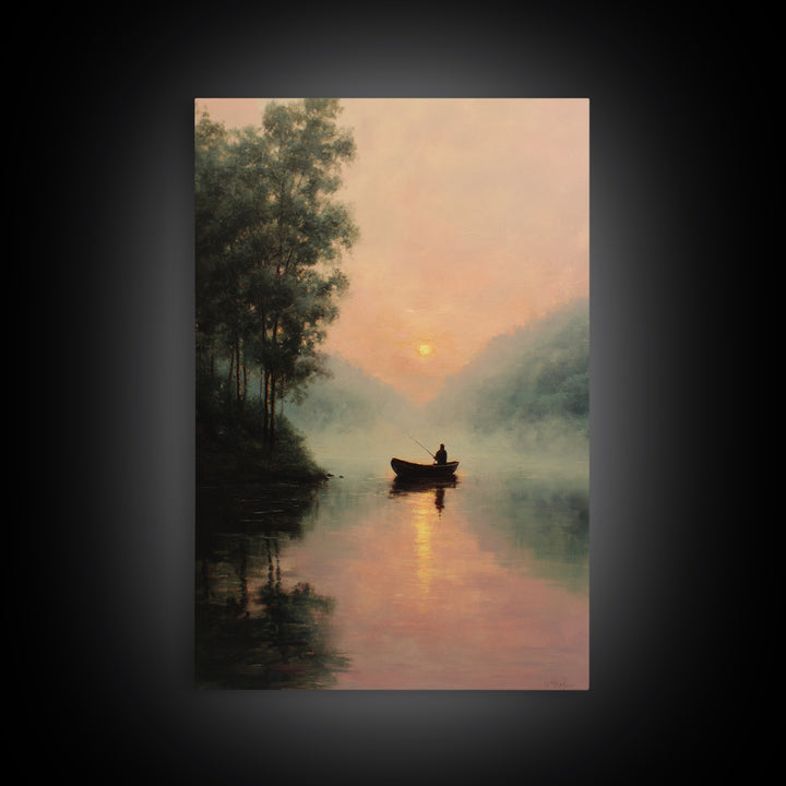Peaceful Sunrise Lake Fisherman Landscape Oil Painting Large Wall Art Framed Canvas Print Rustic Decor