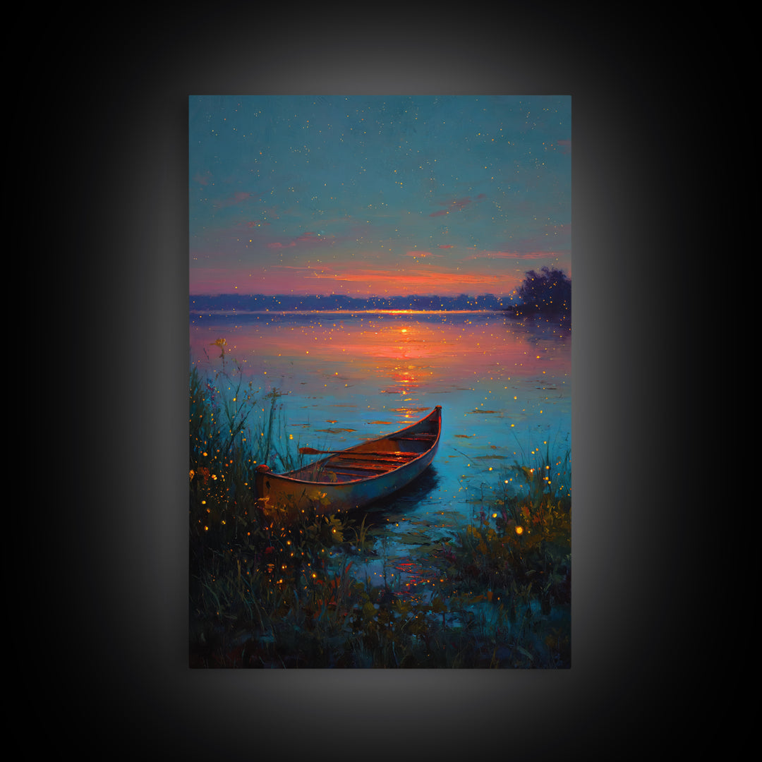 Serene Firefly Canoe Landscape At Twilight Oil Painting Large Wall Art Framed Canvas Print For Relaxing Home And Living Room