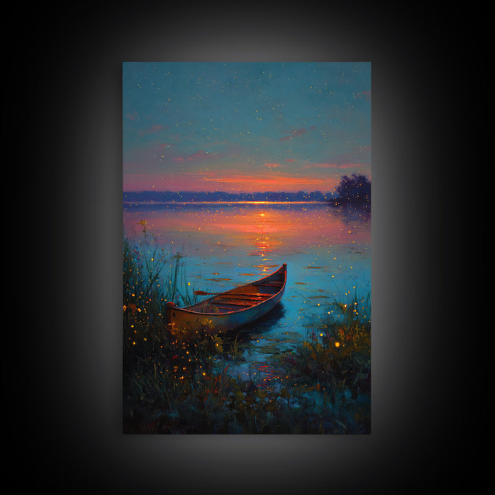 Serene Firefly Canoe Landscape At Twilight Oil Painting Large Wall Art Framed Canvas Print For Relaxing Home And Living Room