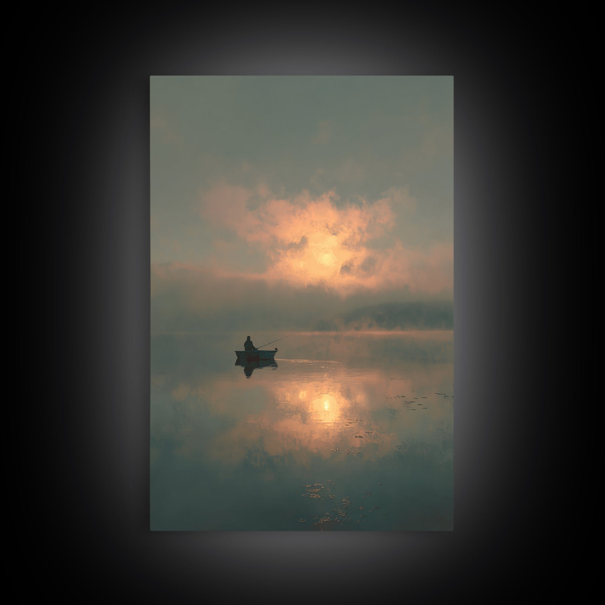 Peaceful Lone Fisherman At Sunset Canvas Print, Serene Lake Scene Wall Art, Tranquil Home Decor For Living Room
