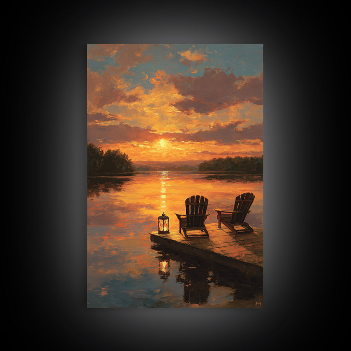 Warm Sunset Landscape Oil Painting With Adirondack Chairs And Reflection On Water Wall Art Framed Canvas Print