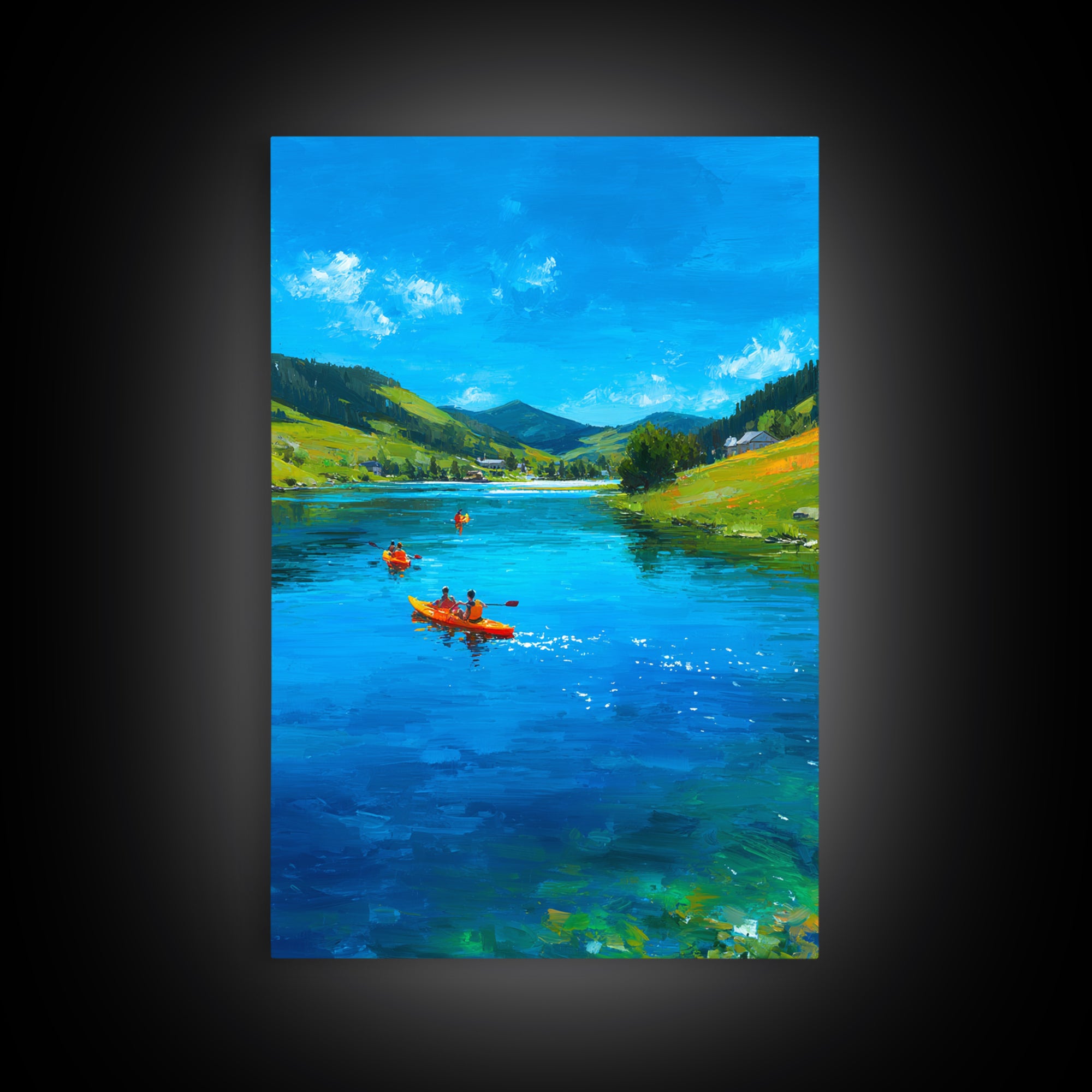Vivid Kayakers On Blue Lake Under Clear Sky Colorful Outdoor Landscape Oil Painting Canvas Print